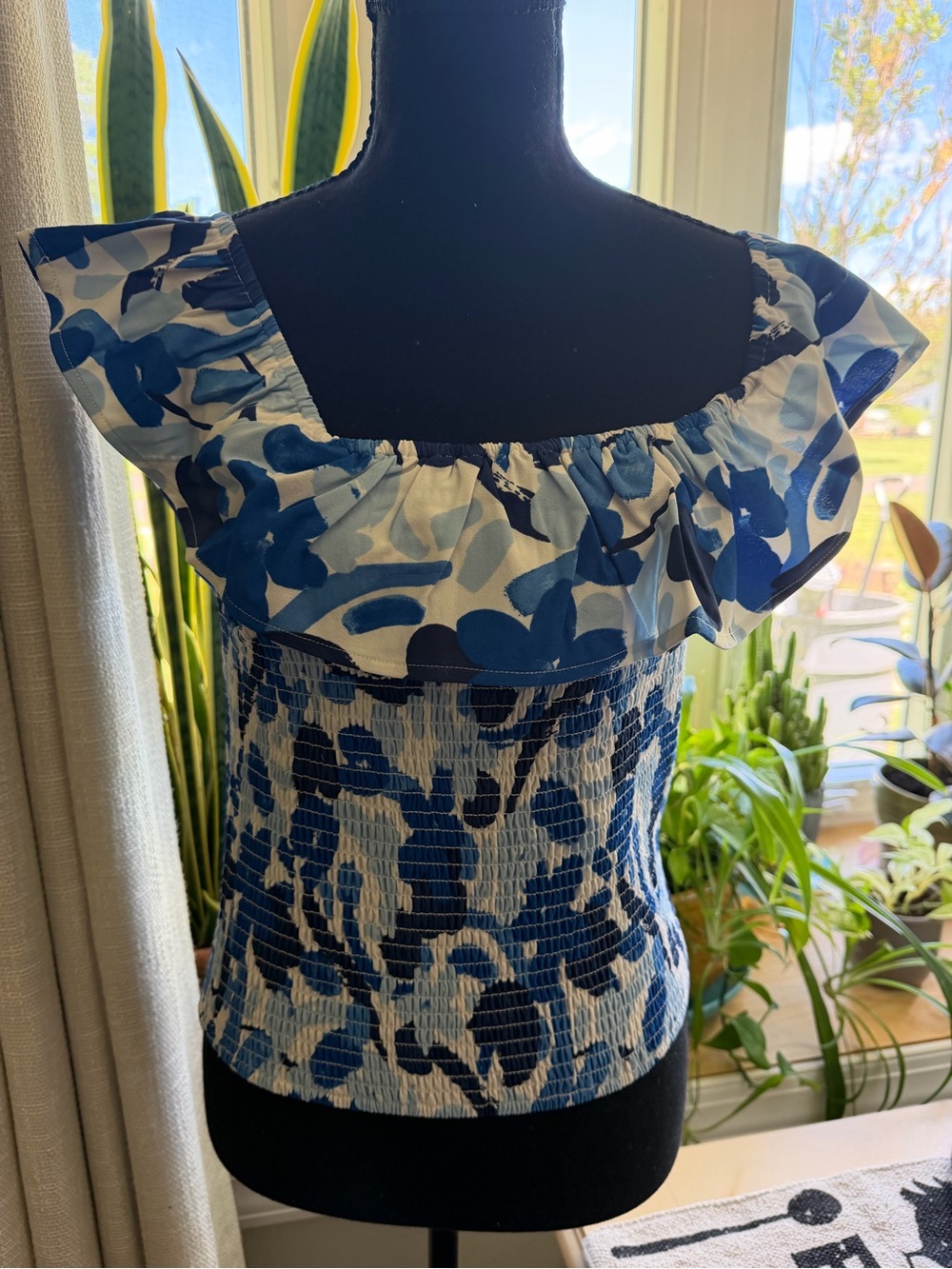 Sugarlips Blue Floral Ruffled Smocked Off The Shoulder Top